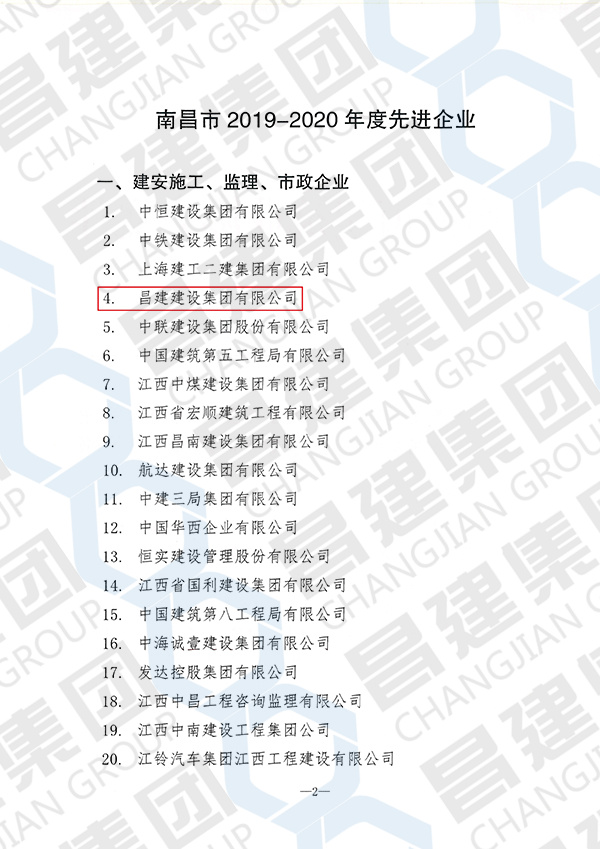 南昌市2019-2020年度先進(jìn)企業(yè)